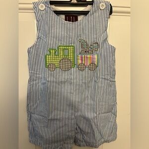 Striped Blue Baby Romper with Easter Bunny Train Design Size 12-18 months